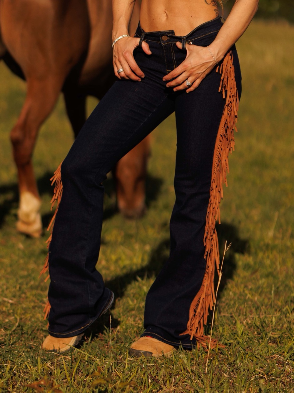 Women’s Dark Blue Fringe Bootcut Jeans - Leather Trim